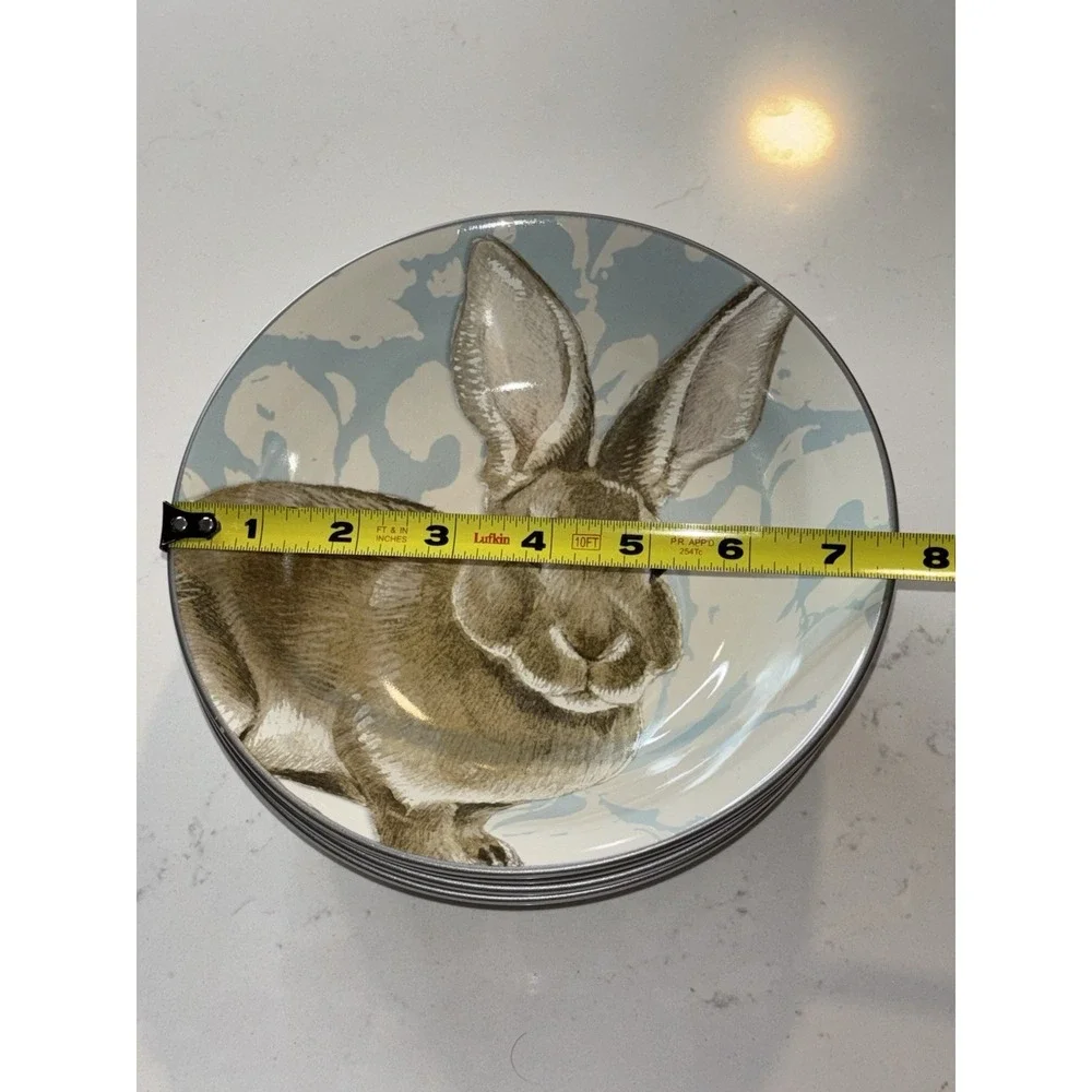 Set Of 4 Williams Sonoma Damask Bunny Cereal SOUP BOWL Blue Floral Rabbit  7.5